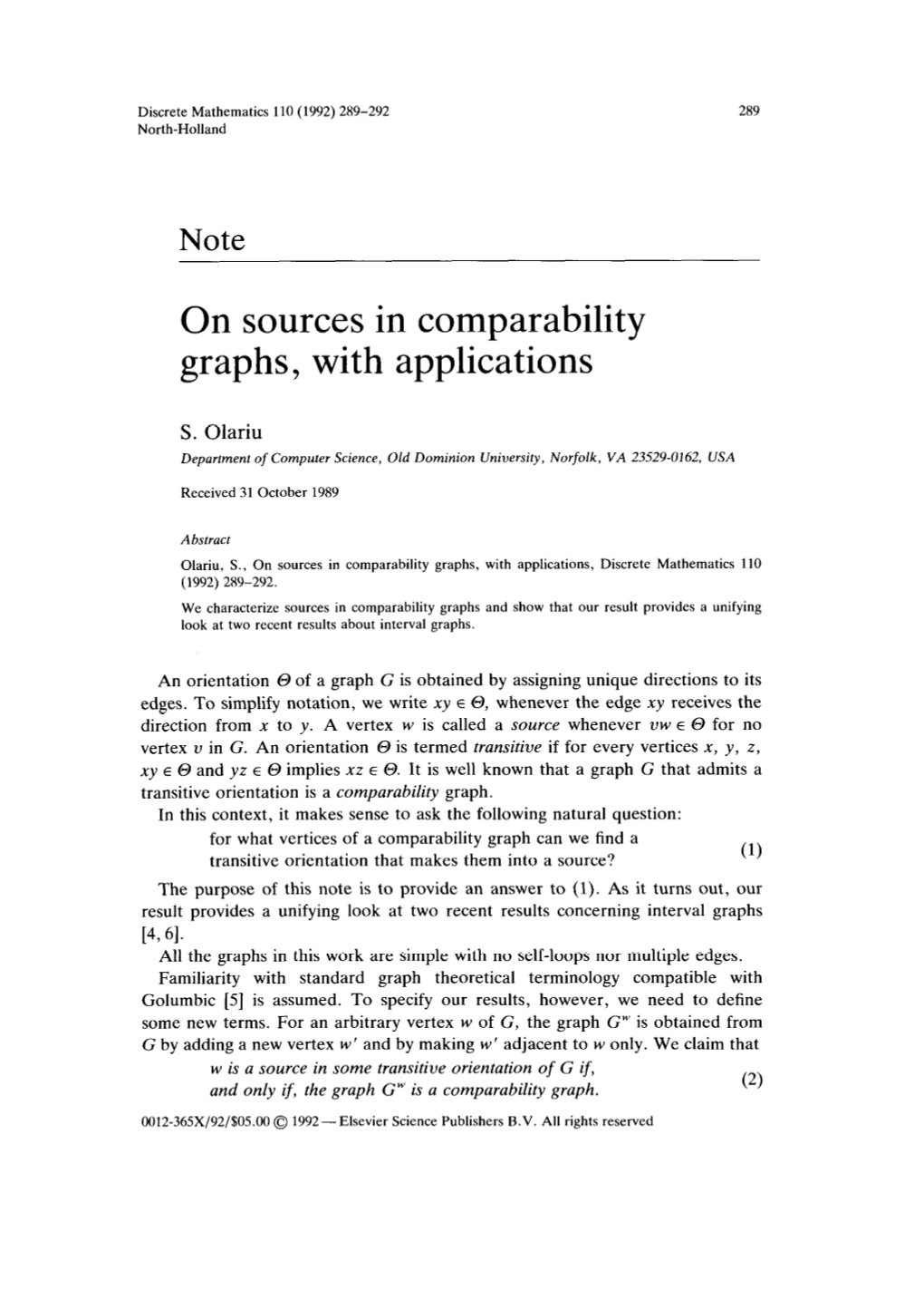 On Sources in Comparability Graphs, with Applications