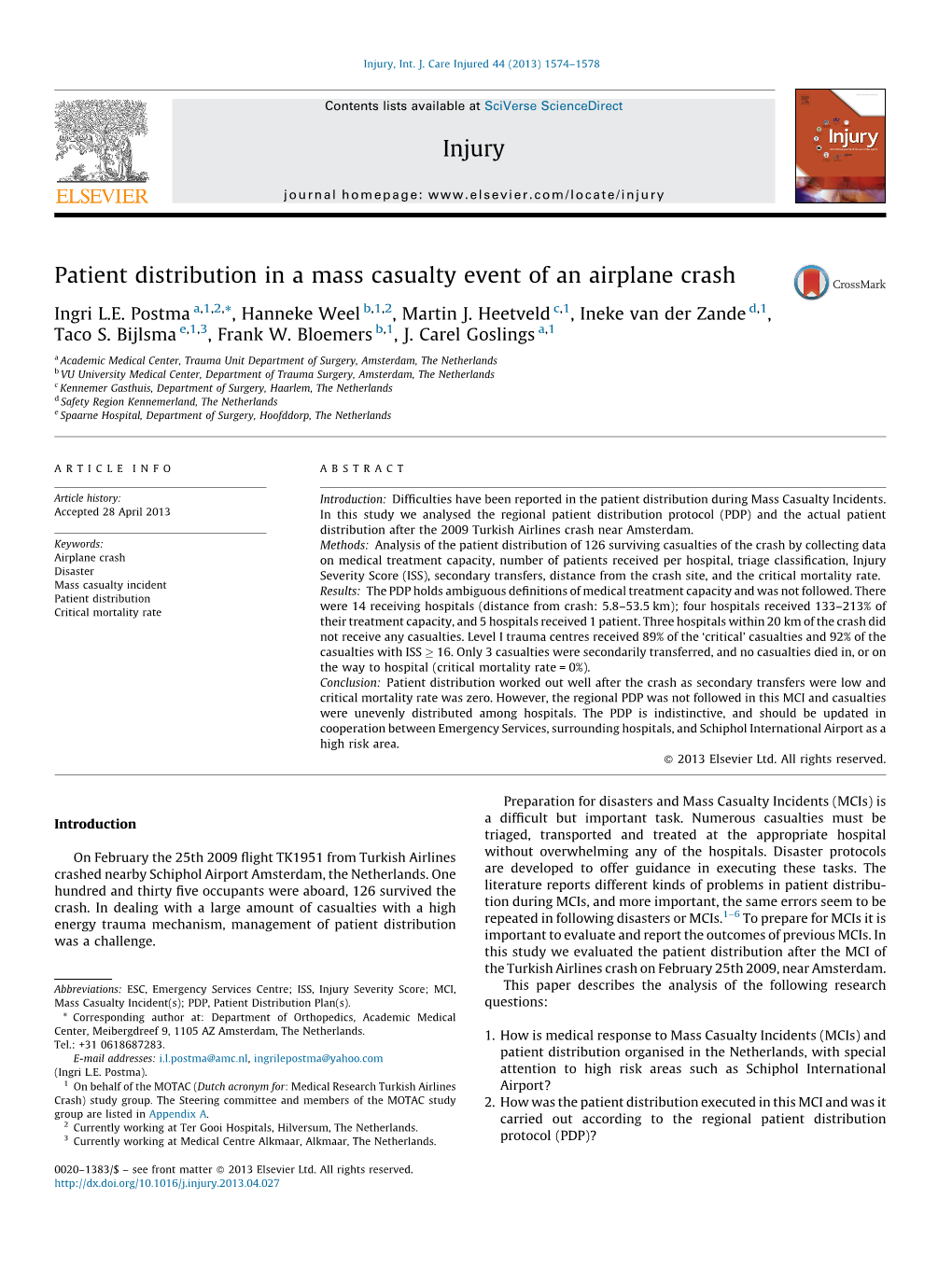 Patient Distribution in a Mass Casualty Event of an Airplane Crash