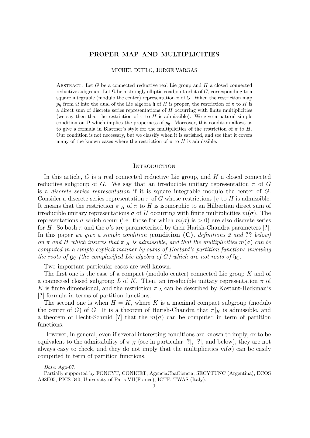 PROPER MAP and MULTIPLICITIES Introduction in This Article, G Is A