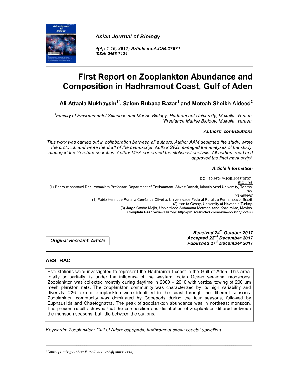 First Report on Zooplankton Abundance and Composition in Hadhramout Coast, Gulf of Aden