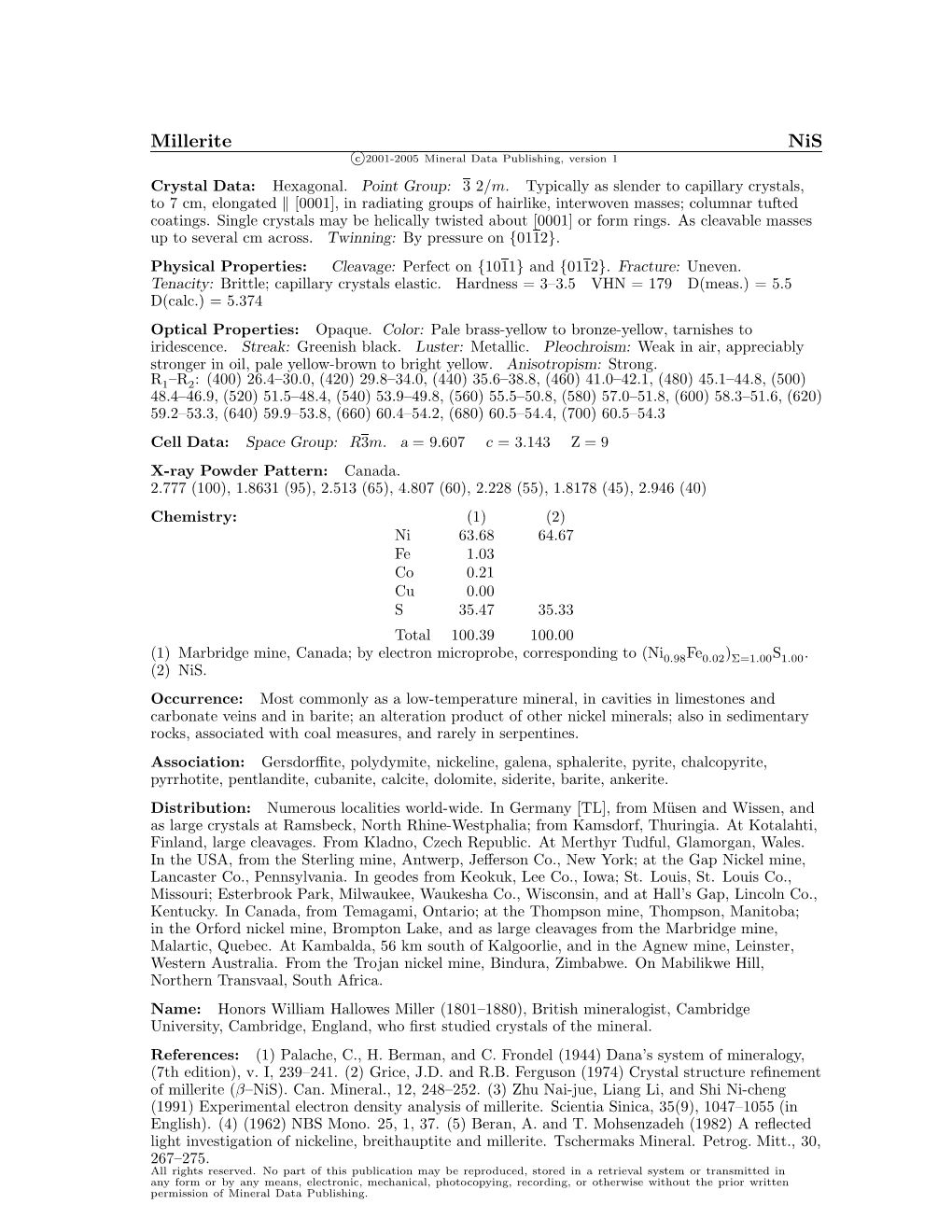 Millerite Nis C 2001-2005 Mineral Data Publishing, Version 1 Crystal Data: Hexagonal