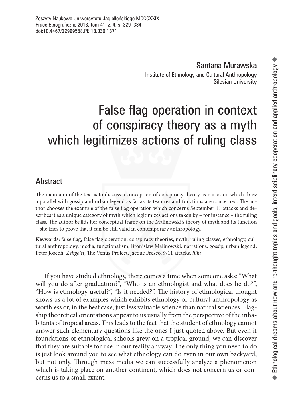 False Flag Operation in Context of Conspiracy Theory As a Myth Which Legitimizes Actions of Ruling Class