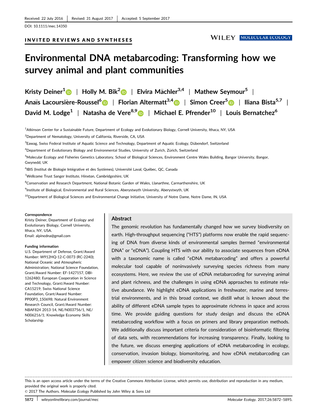 Environmental DNA Metabarcoding of Animal and Plant Communities