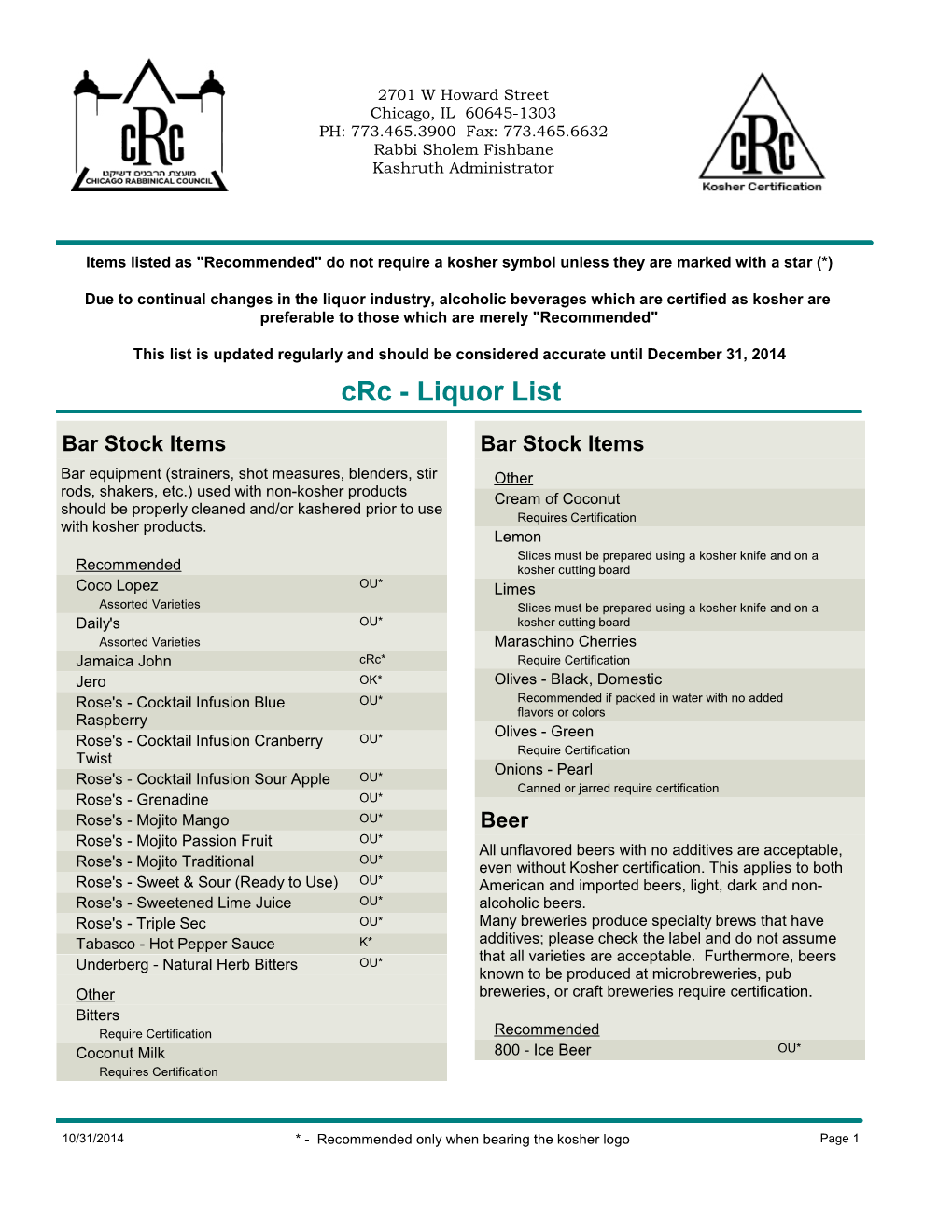 Crc - Liquor List