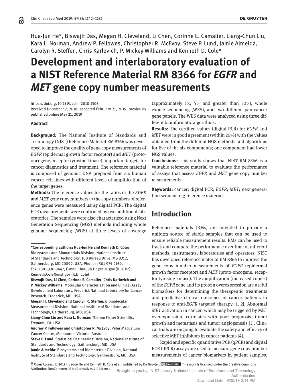 Development and Interlaboratory Evaluation of a NIST Reference