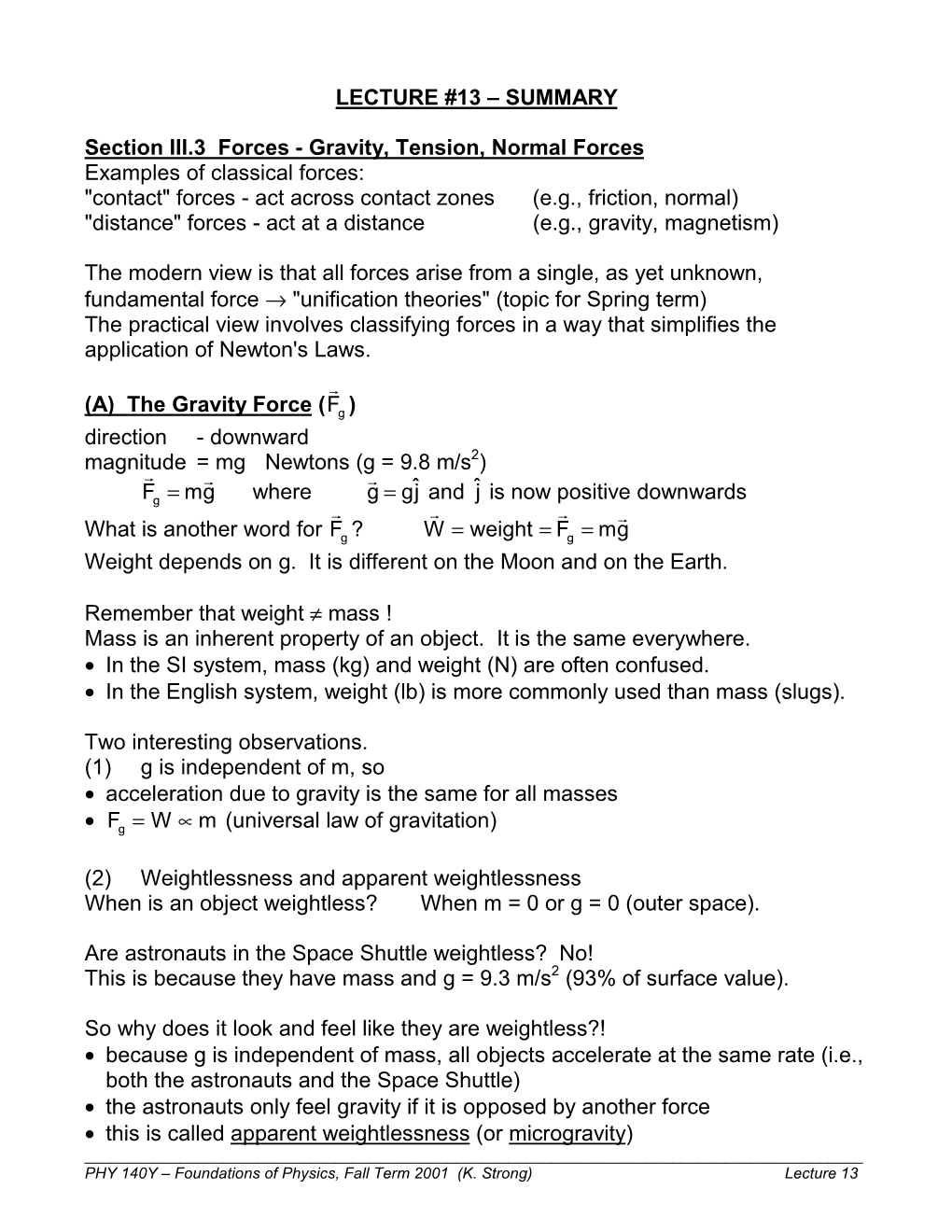 LECTURE #13 – SUMMARY Section III.3 Forces