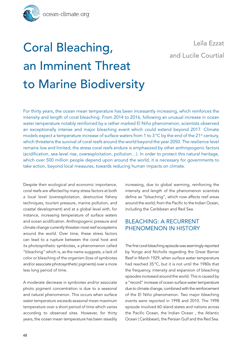 Coral Bleaching, an Imminent Threat to Marine Biodiversity