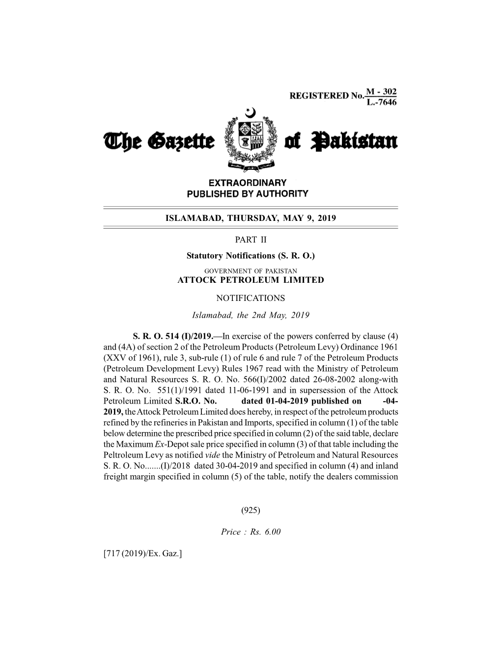 The Gazette of Pakistan, Extra, May 9, 2019 925 ————————————————————————————————