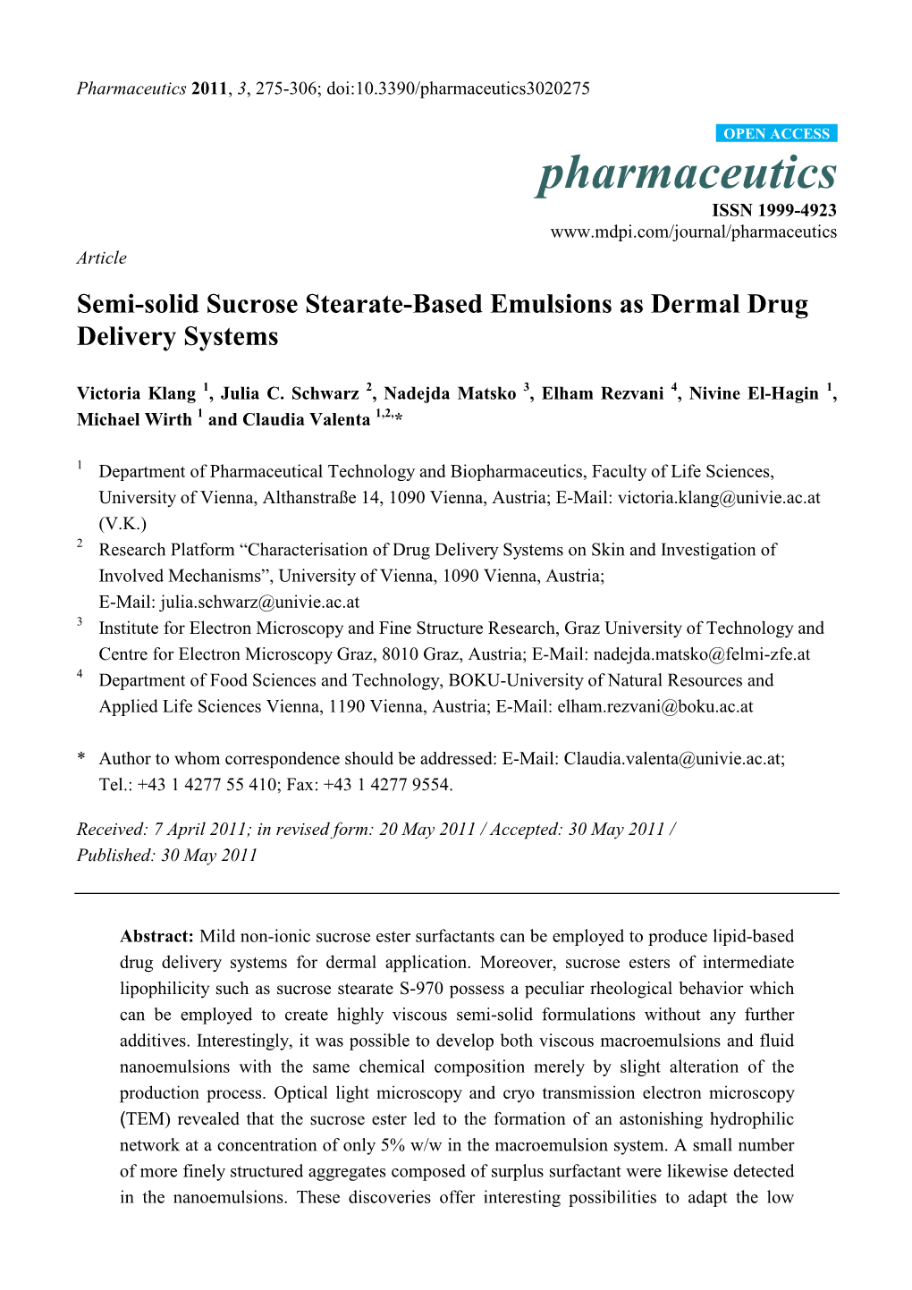 Pharmaceutics 2011, 3, 275-306; Doi:10.3390/Pharmaceutics3020275