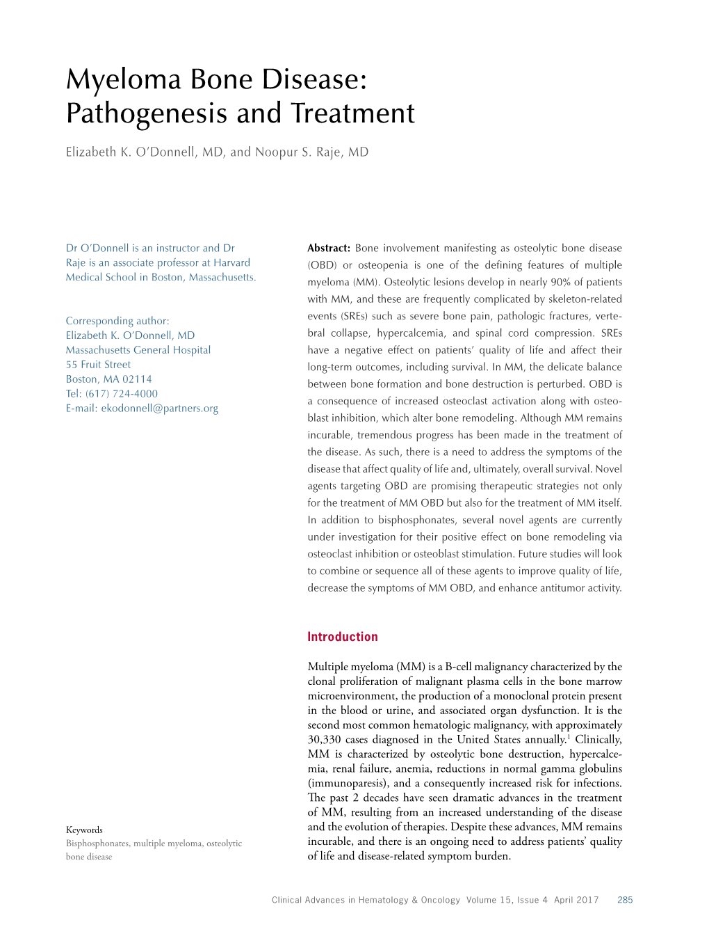 Myeloma Bone Disease: Pathogenesis and Treatment