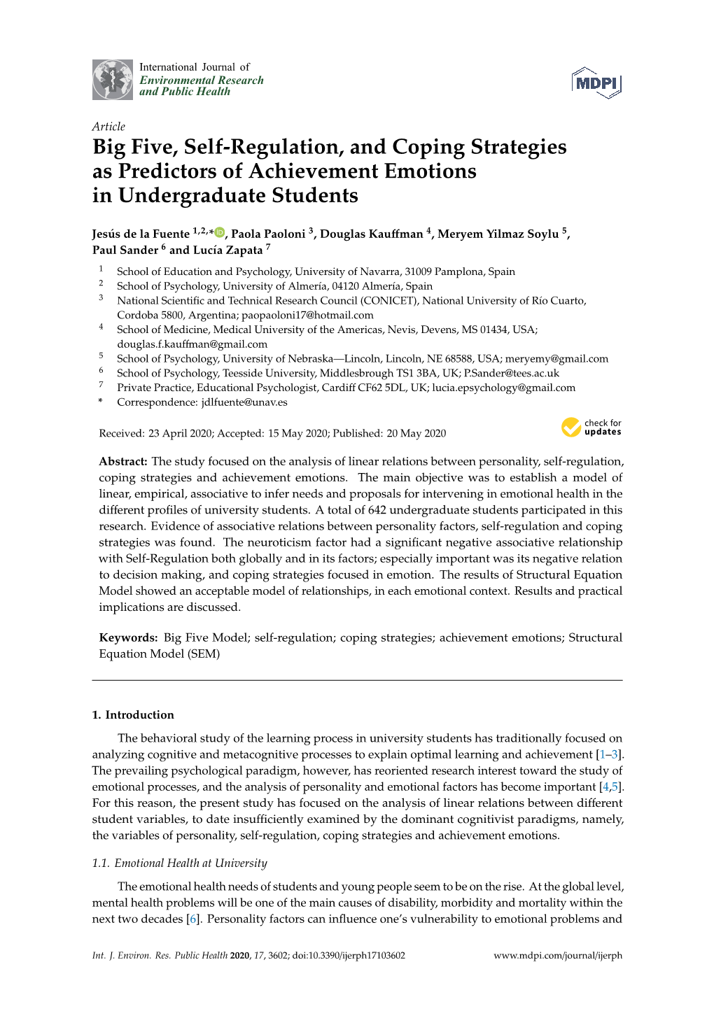 Big Five, Self-Regulation, and Coping Strategies As Predictors of Achievement Emotions in Undergraduate Students