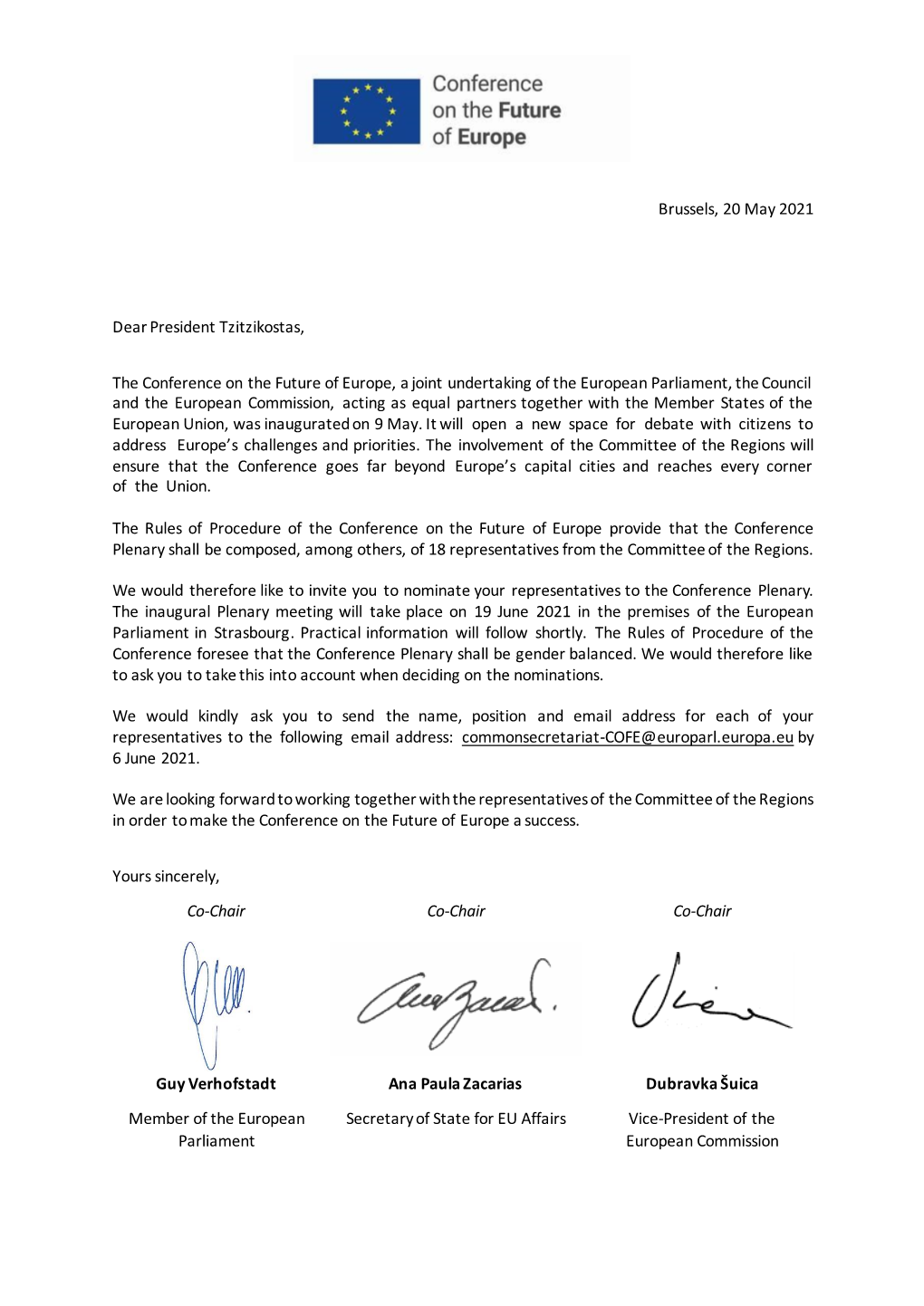 Brussels, 20 May 2021 Dear President Tzitzikostas, the Conference On