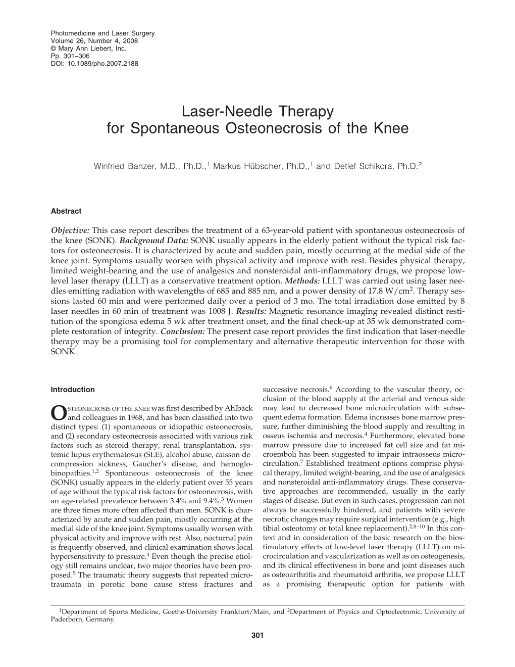 Laser-Needle Therapy for Spontaneous Osteonecrosis of the Knee