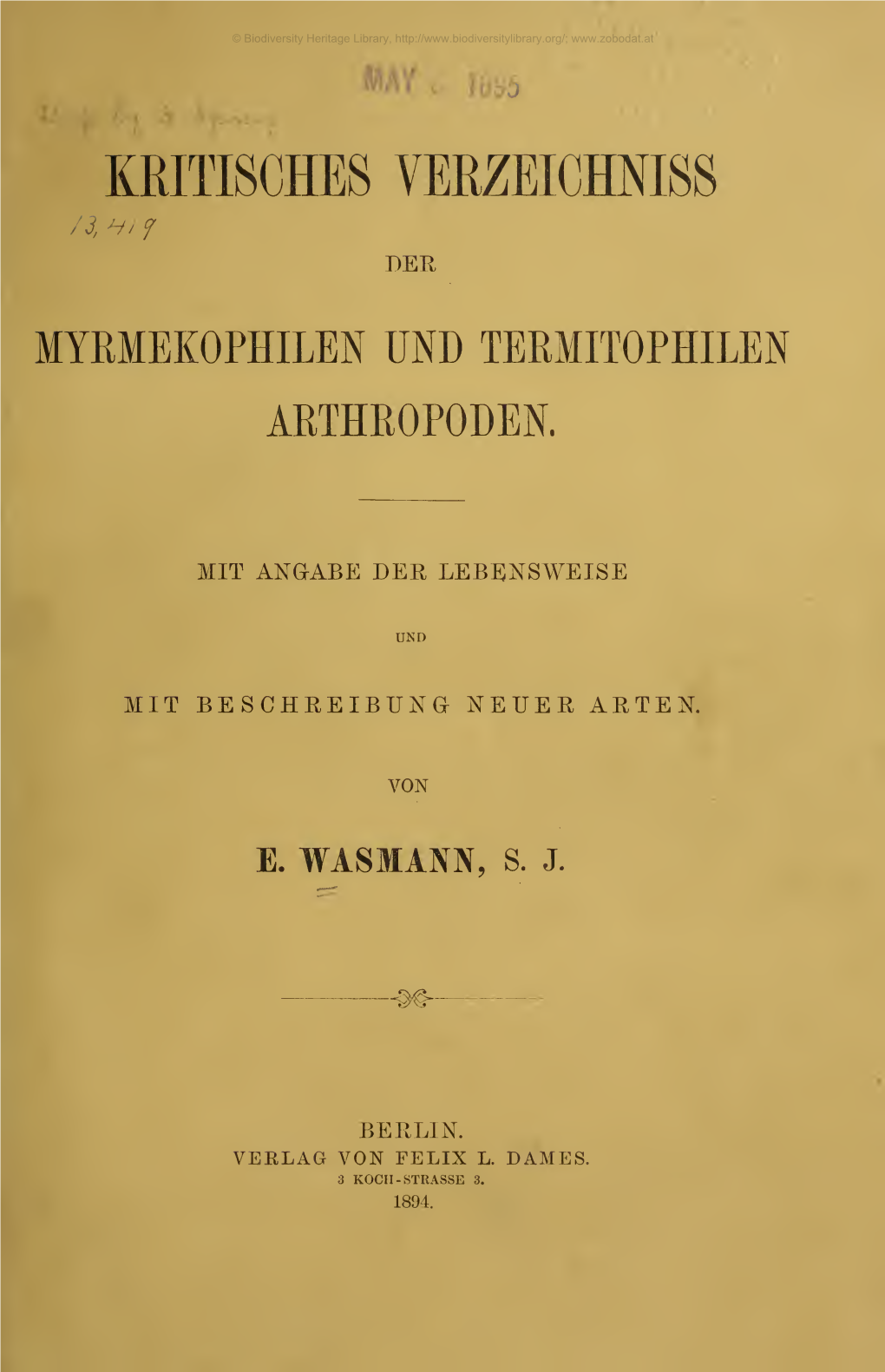 Kritisches Verzeichniss Der Myrmekophilen Und