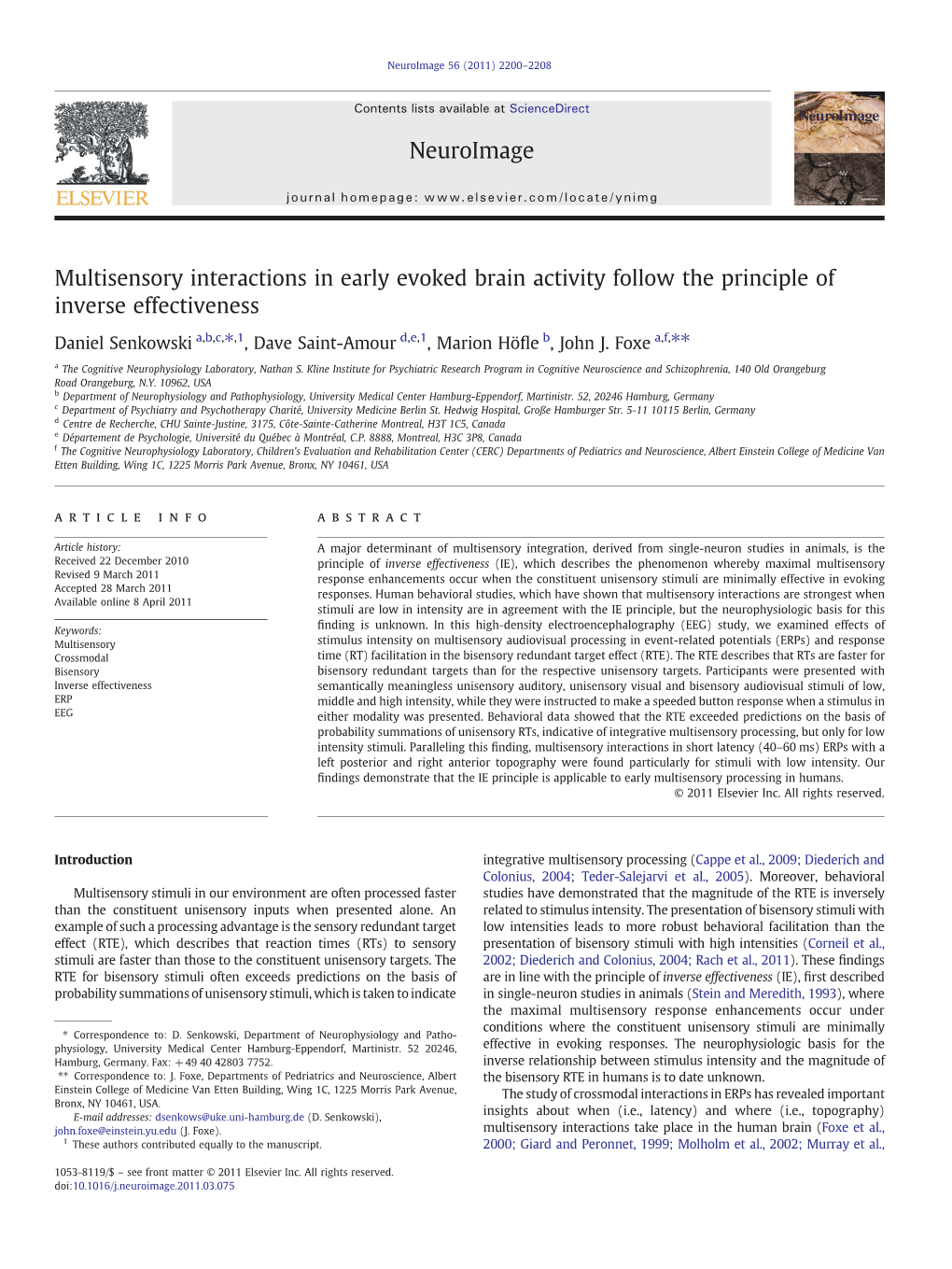 Multisensory Interactions in Early Evoked Brain Activity Follow the Principle of Inverse Effectiveness