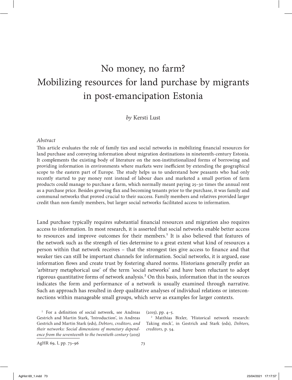 No Money, No Farm? Mobilizing Resources for Land Purchase by Migrants in Post-Emancipation Estonia