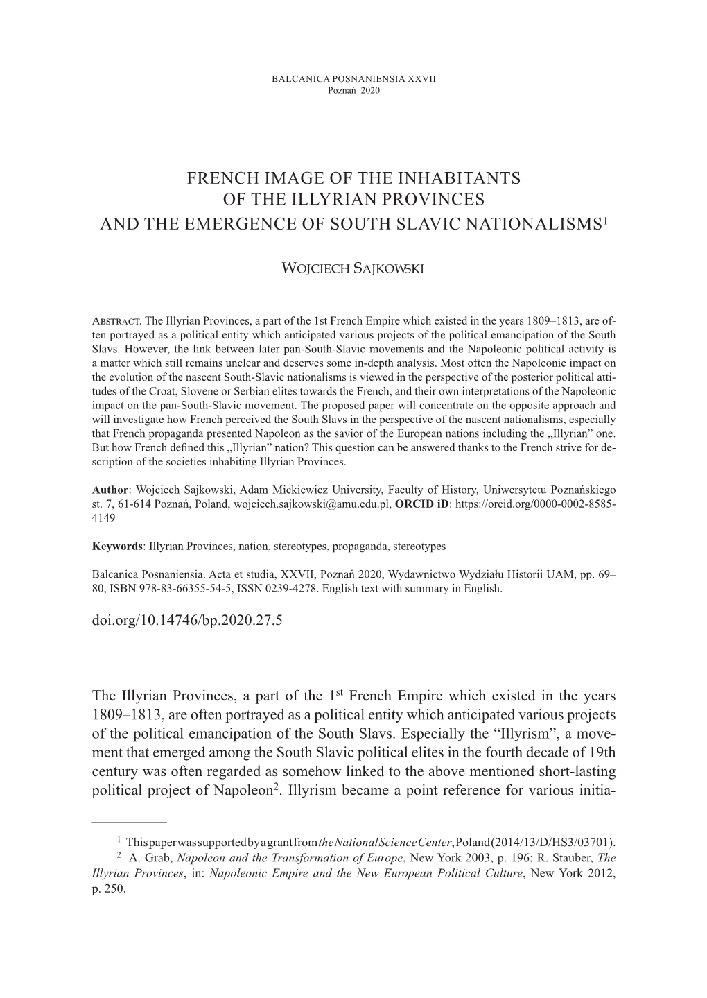 French Image of the Inhabitants of the Illyrian Provinces and the Emergence of South Slavic Nationalisms1