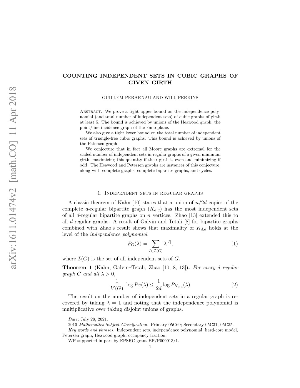 Counting Independent Sets in Cubic Graphs of Given Girth 3