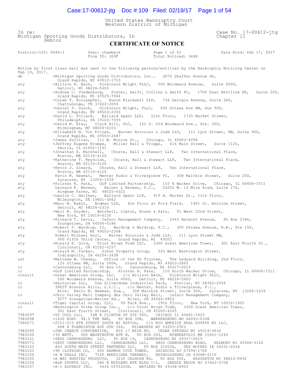 CERTIFICATE of NOTICE Case:17-00612-Jtg Doc #:109 Filed: 02/19/17 Page 1 of 54