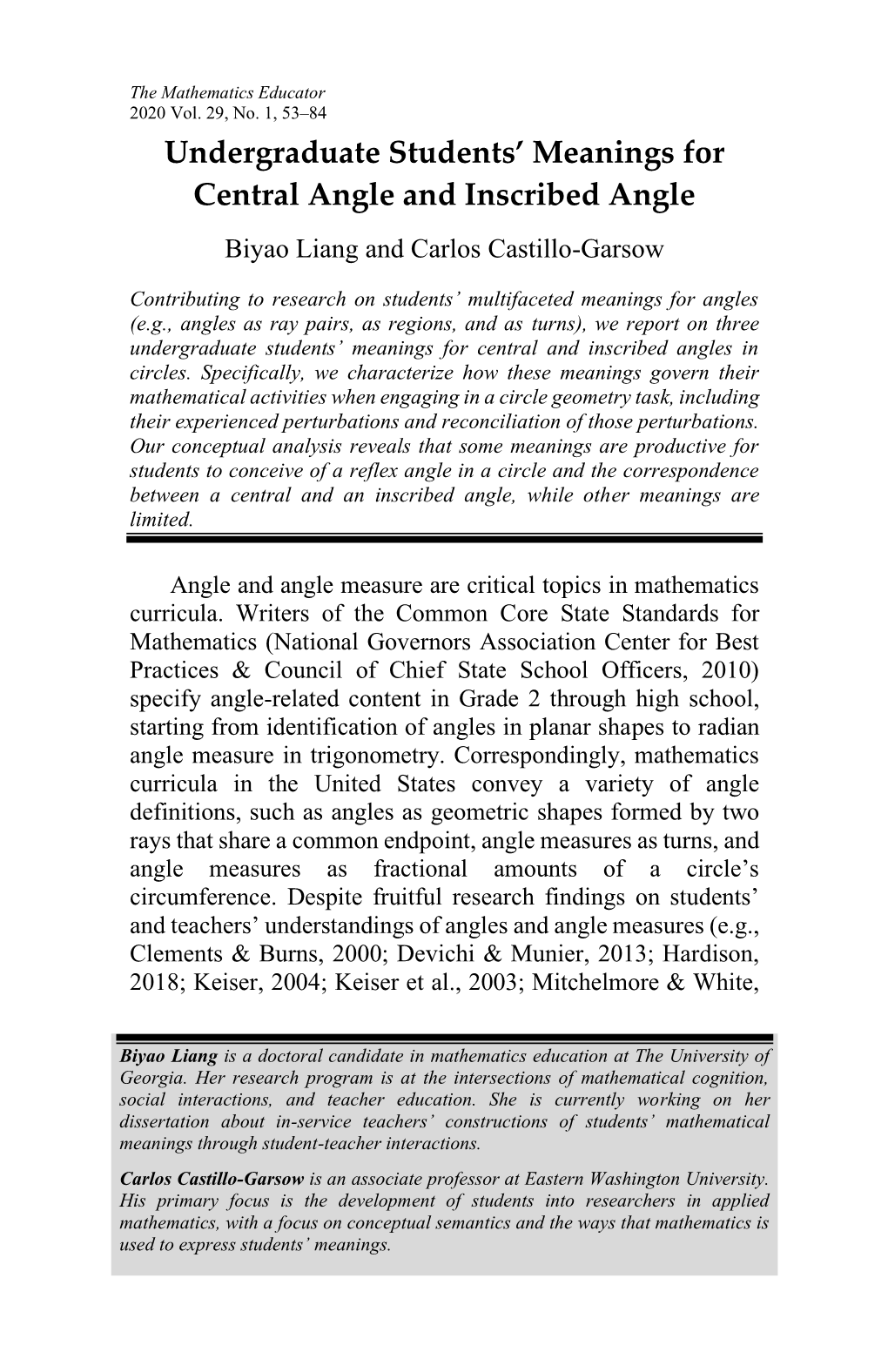 Undergraduate Students' Meanings for Central Angle and Inscribed Angle