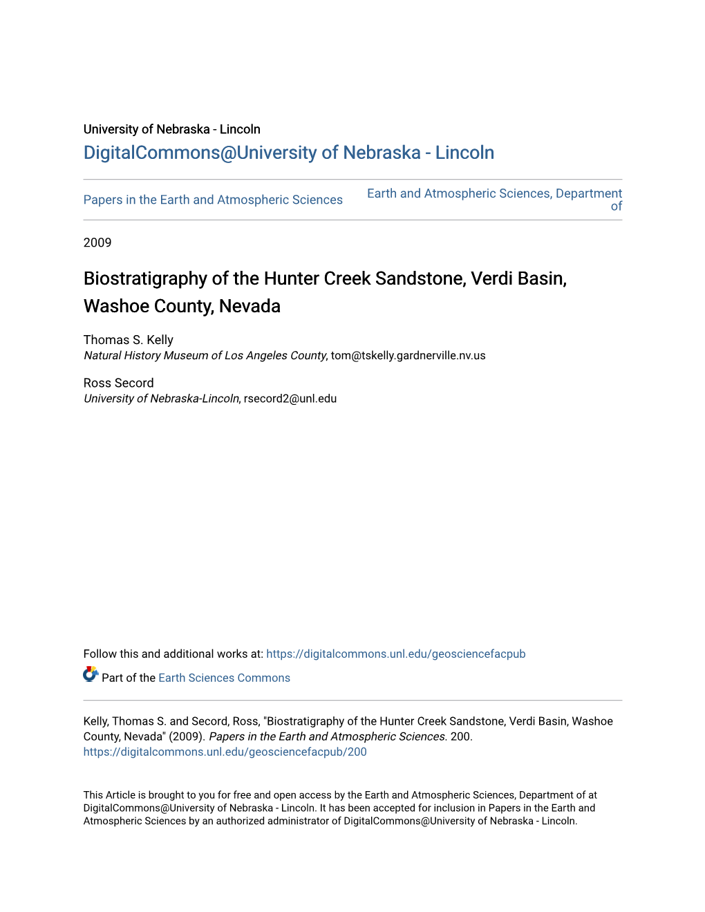 Biostratigraphy of the Hunter Creek Sandstone, Verdi Basin, Washoe County, Nevada