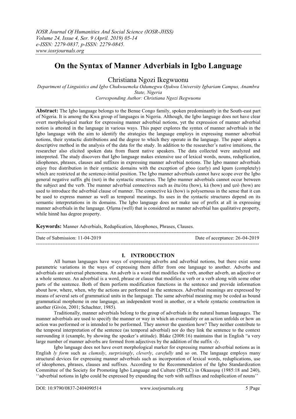 On the Syntax of Manner Adverbials in Igbo Language