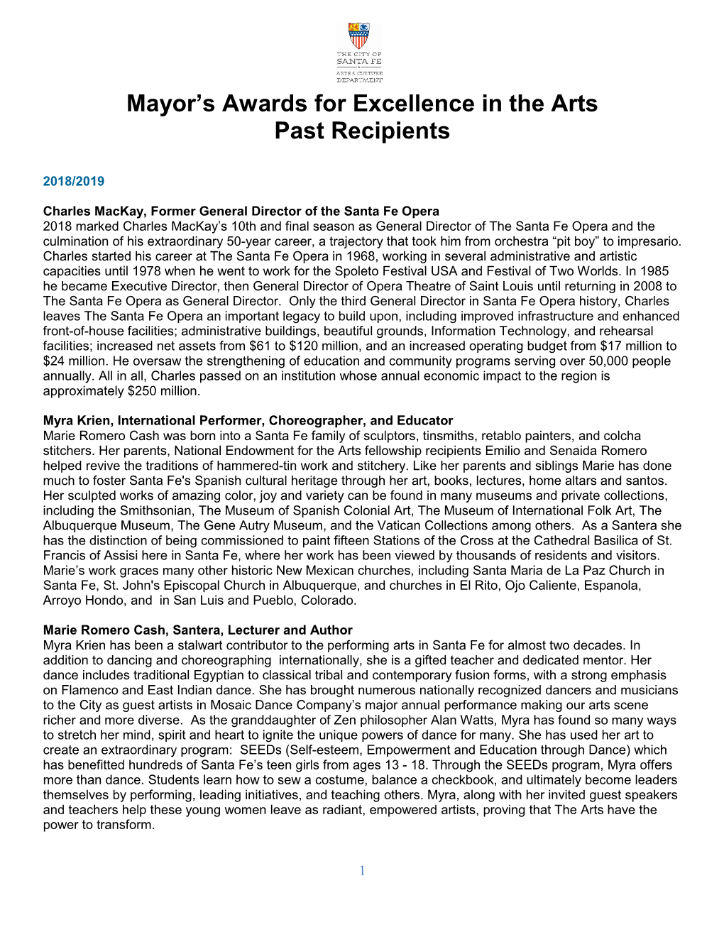 Mayor's Awards for Excellence in the Arts Past Recipients