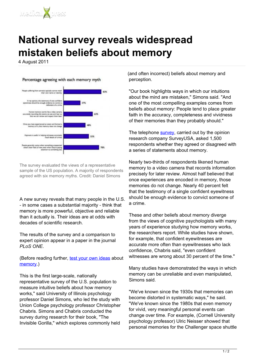 National Survey Reveals Widespread Mistaken Beliefs About Memory 4 August 2011