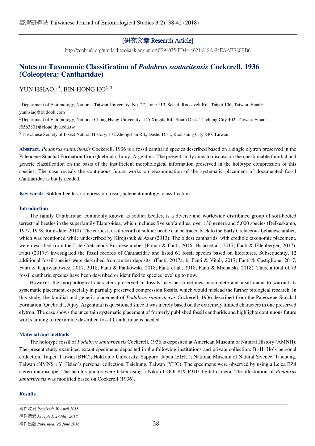 2 Notes on Taxonomic Classification of Podabrus Santaritensis Cockerell