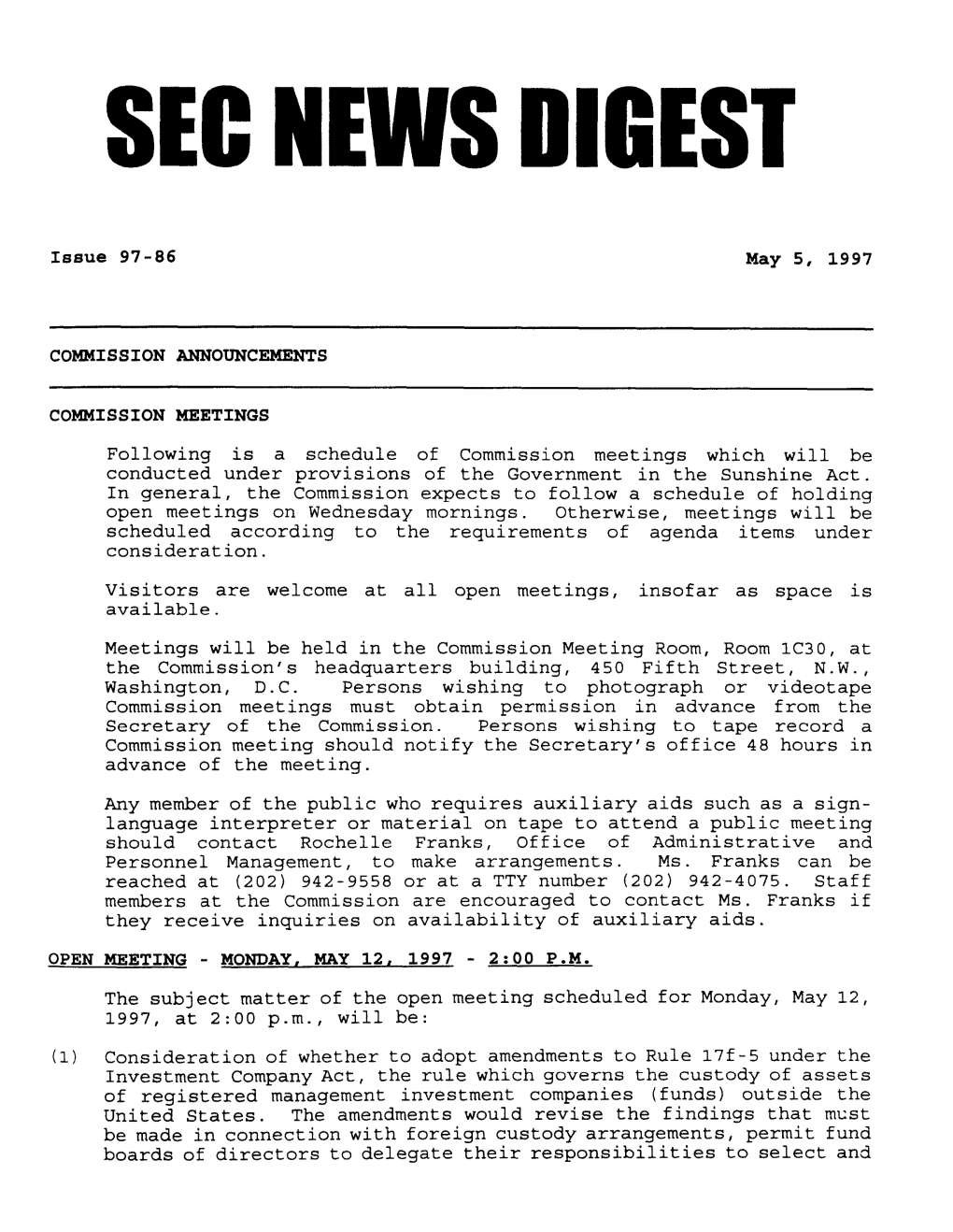 SEC News Digest, 05-05-1997