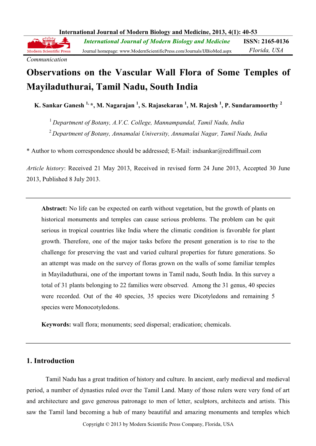 Observations on the Vascular Wall Flora of Some Temples of Mayiladuthurai, Tamil Nadu, South India