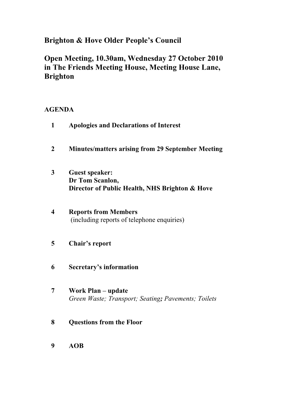 Agenda Planning for OPC Meeting, Wed 29 April