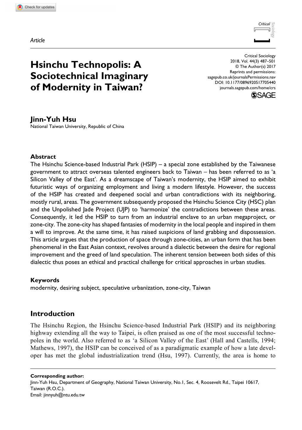 Hsinchu Technopolis: a Sociotechnical Imaginary Of