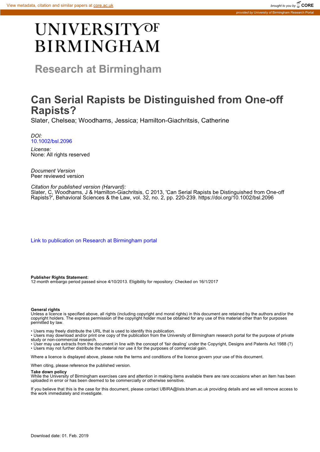 Can Serial Rapists Be Distinguished from One-Off Rapists? Slater, Chelsea; Woodhams, Jessica; Hamilton-Giachritsis, Catherine