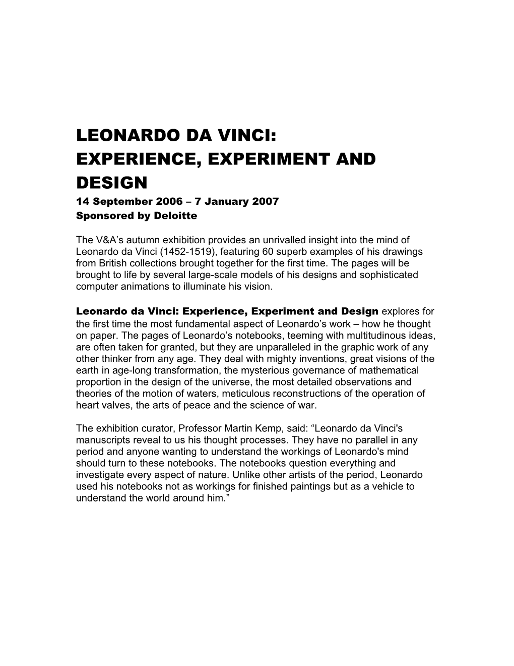 Leonardo Da Vinci: Experience, Experiment and Design