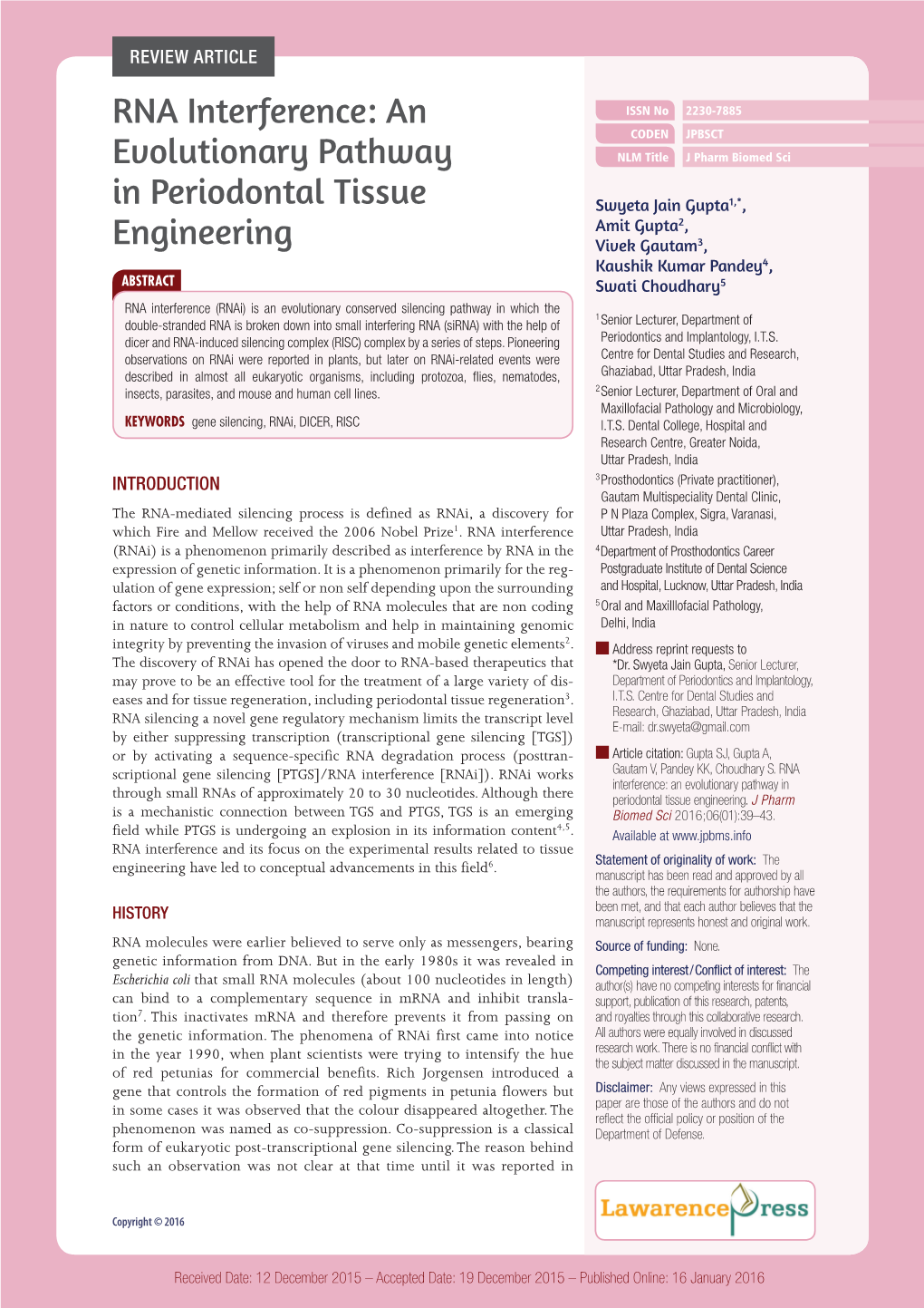 RNA Interference: an Evolutionary Pathway in Periodontal Tissue Engineering