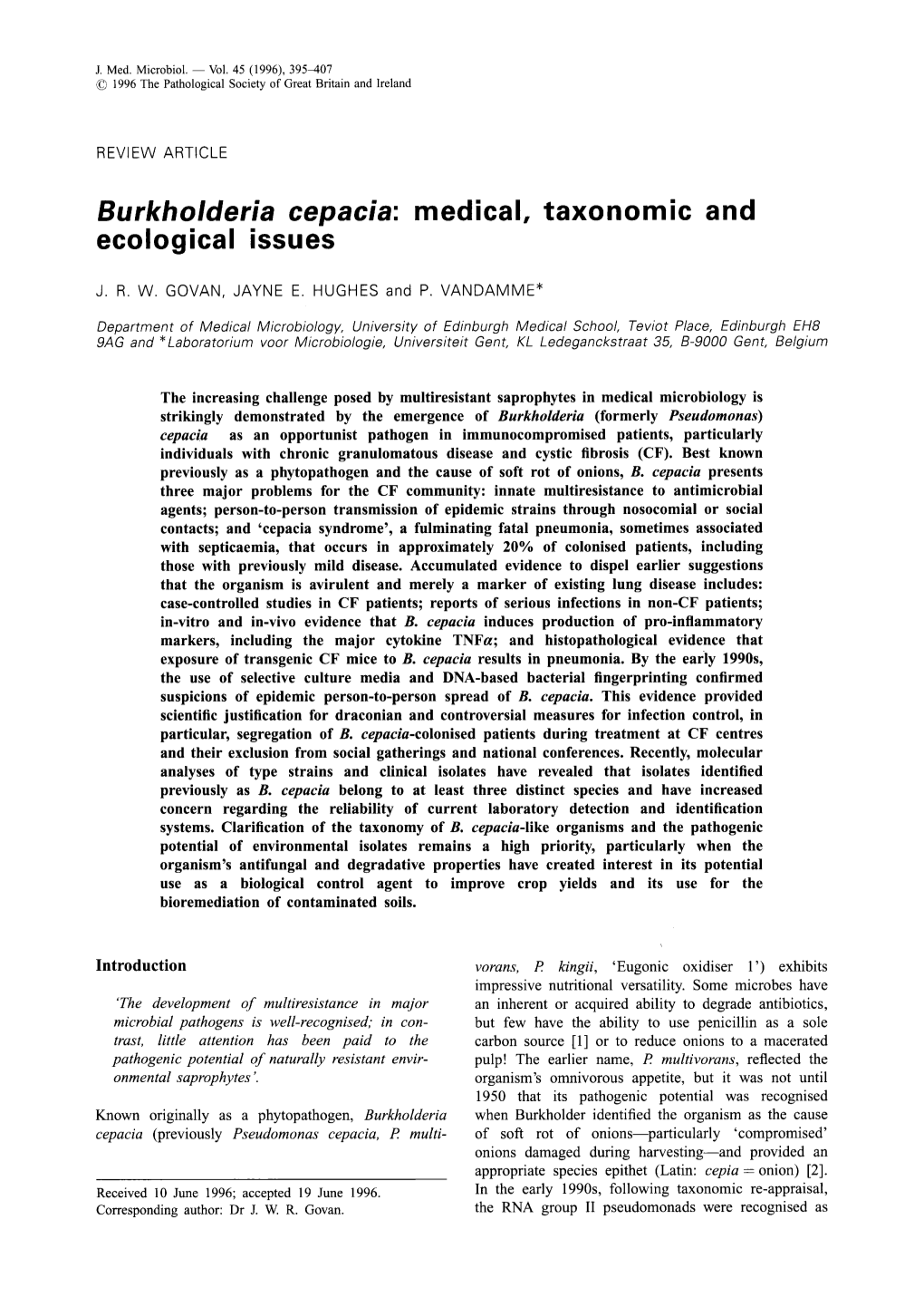 Burkholderia Cepacia: Medical, Taxonomic and Ecological Issues