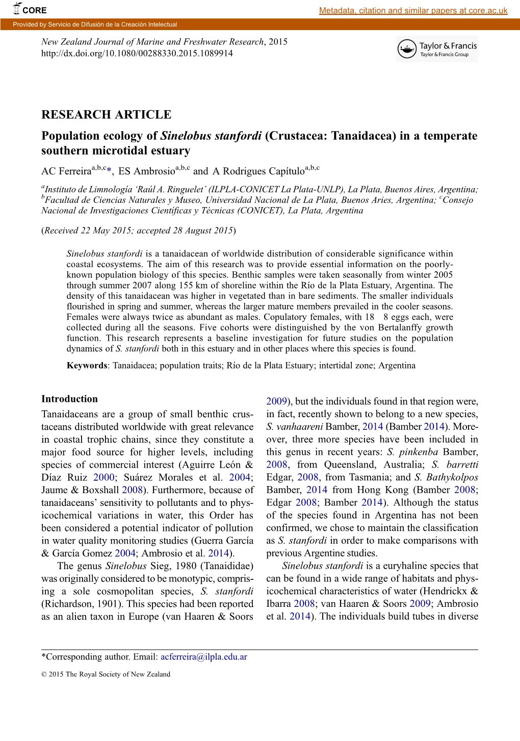 Population Ecology of Sinelobus Stanfordi (Crustacea: Tanaidacea