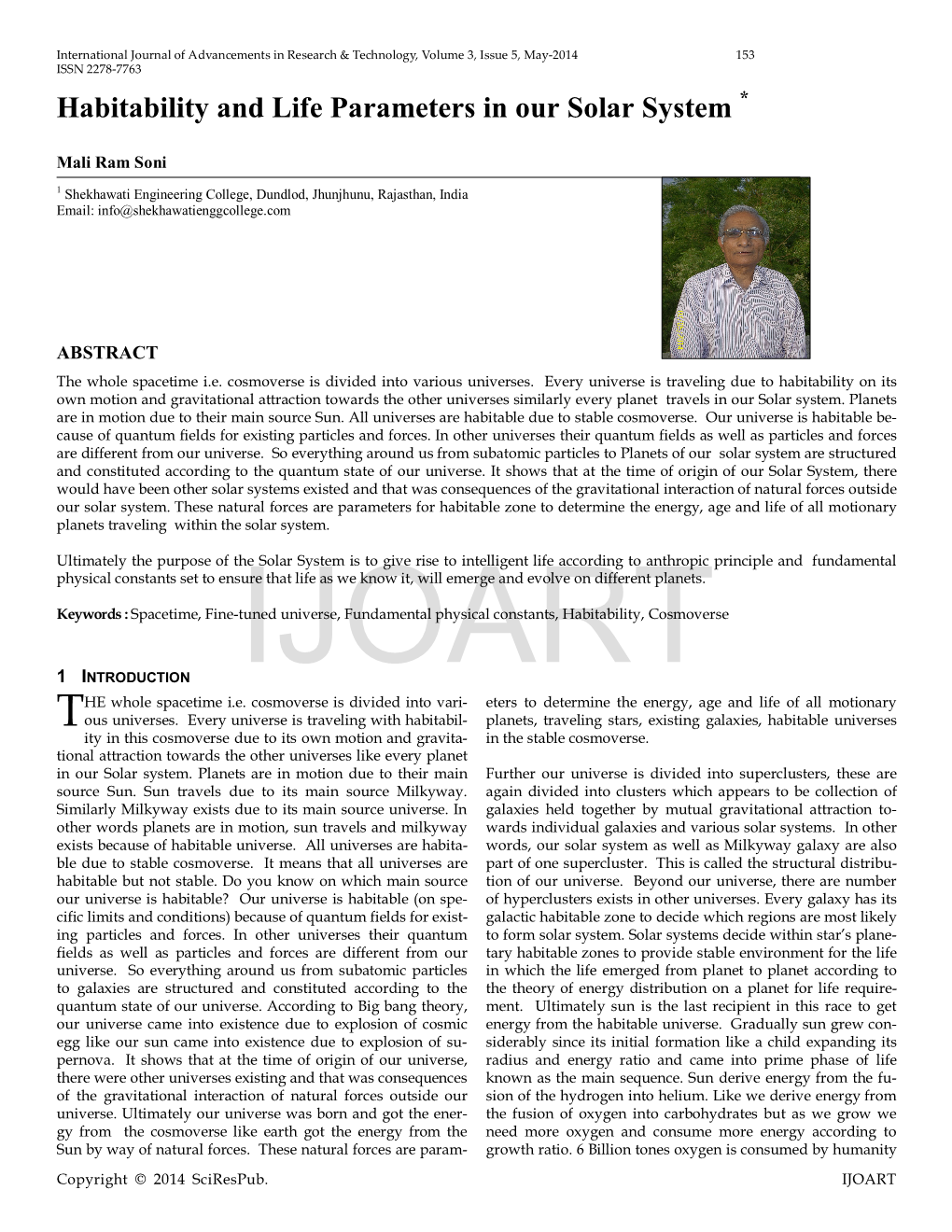 Habitability and Life Parameters in Our Solar System *