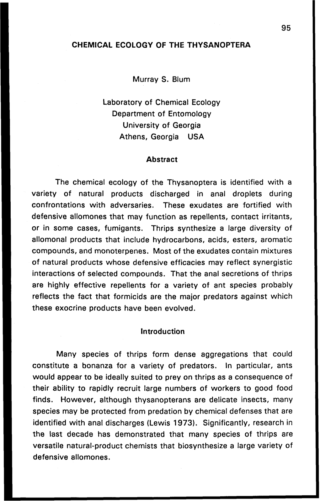 CHEMICAL ECOLOGY of the THYSANOPTERA Murray S. Blum