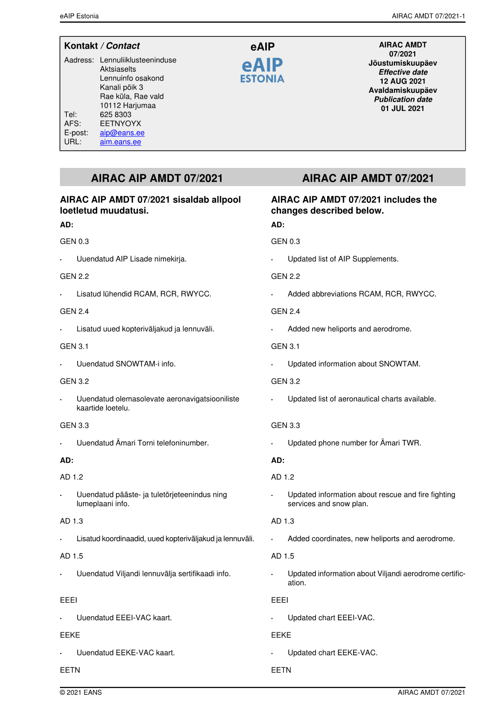 AIP AMENDMENT Nr/Aasta Avaldamiskuupäev Jõustumiskuupäev Sisestaja NR/Year Publication Date Effective Date Inserted by 06/2021 03 JUN 2021 15 JUL 2021