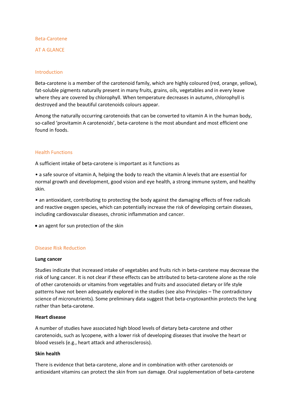 Beta-Carotene at a GLANCE Introduction