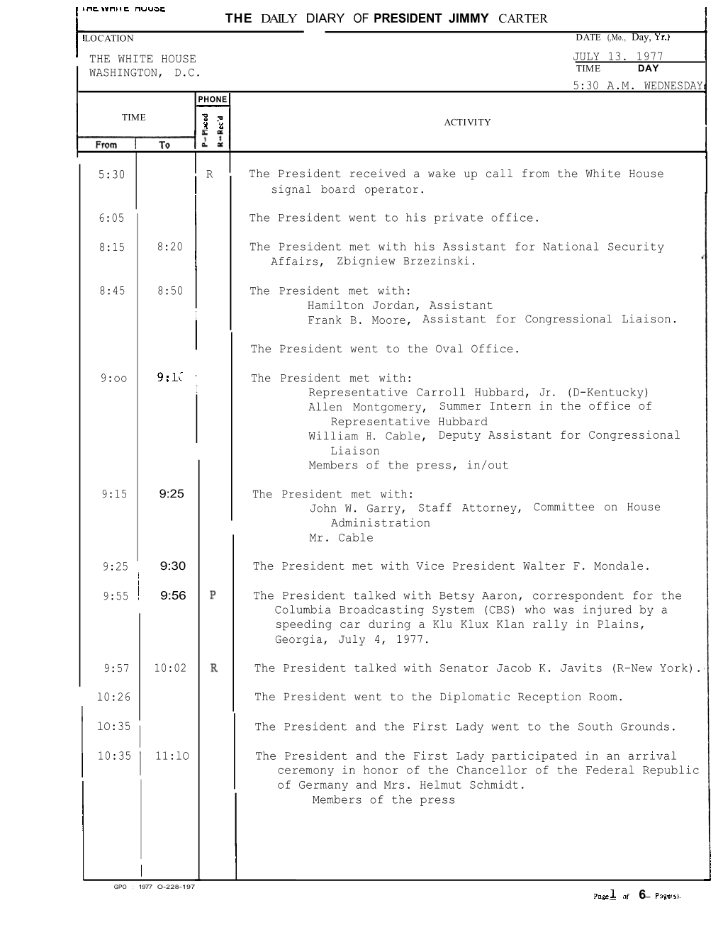 THE DAILY DIARY of Presldent JIMMY CARTER LOCATION DATE (,Mo., Day, K’R.) the WHITE HOUSE JULY 13