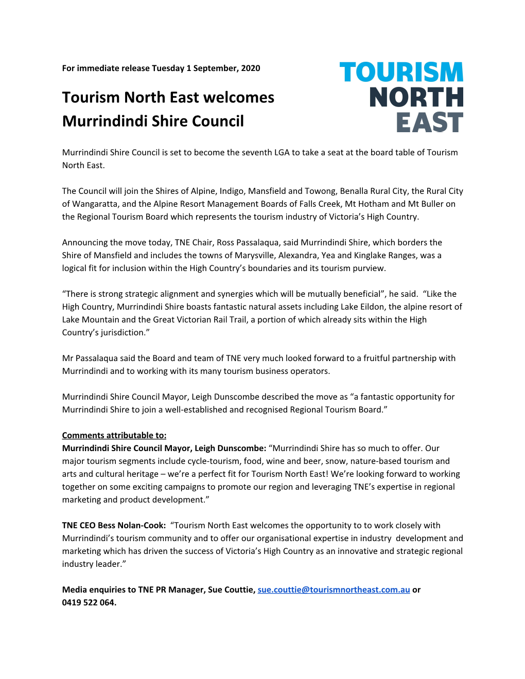 Tourism North East Welcomes Murrindindi Shire Council