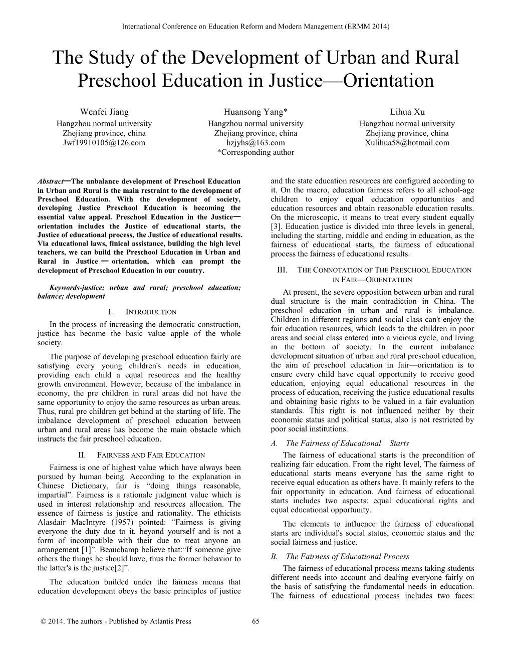 The Study of the Development of Urban and Rural Preschool Education in Justice—Orientation