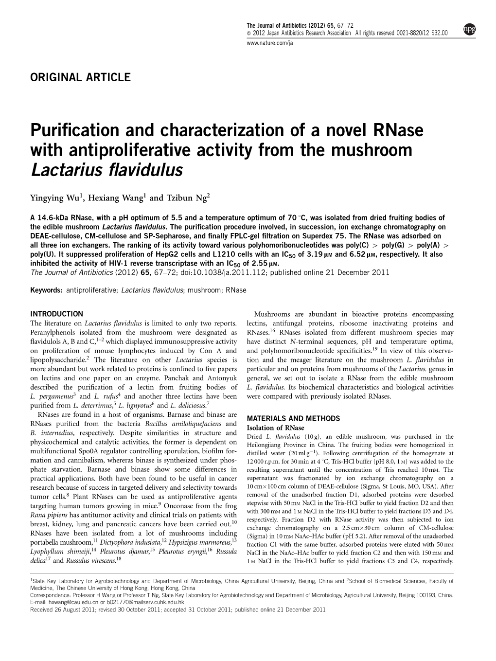 Purification and Characterization of a Novel Rnase with Antiproliferative