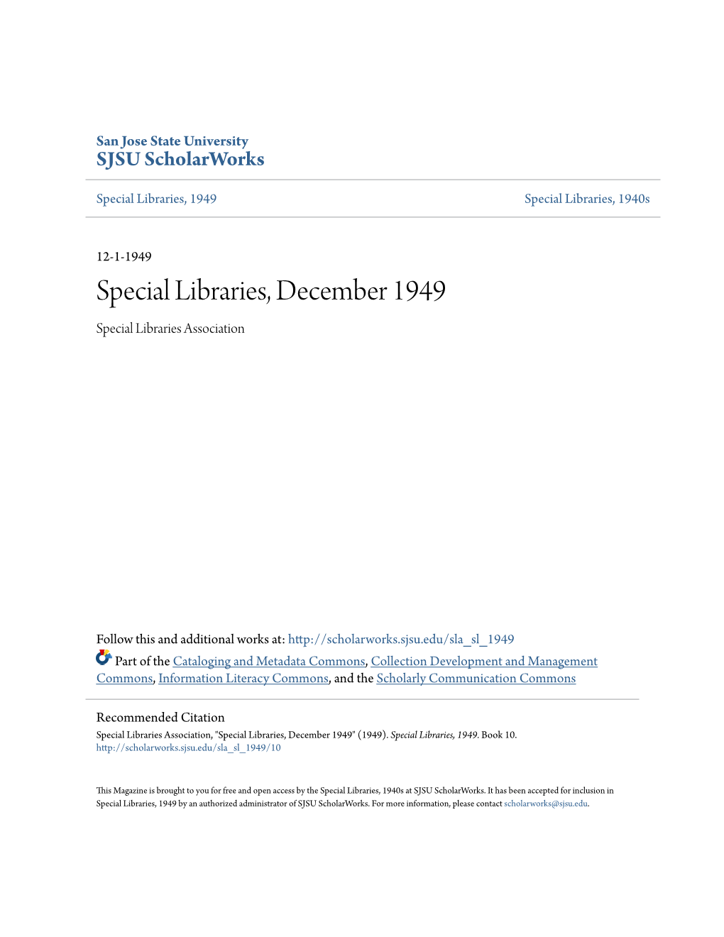 Special Libraries, December 1949 Special Libraries Association