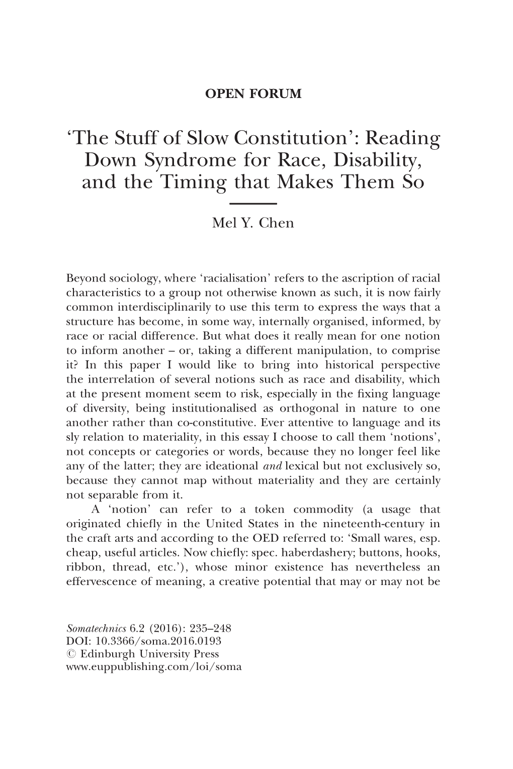 'The Stuff of Slow Constitution': Reading Down Syndrome for Race