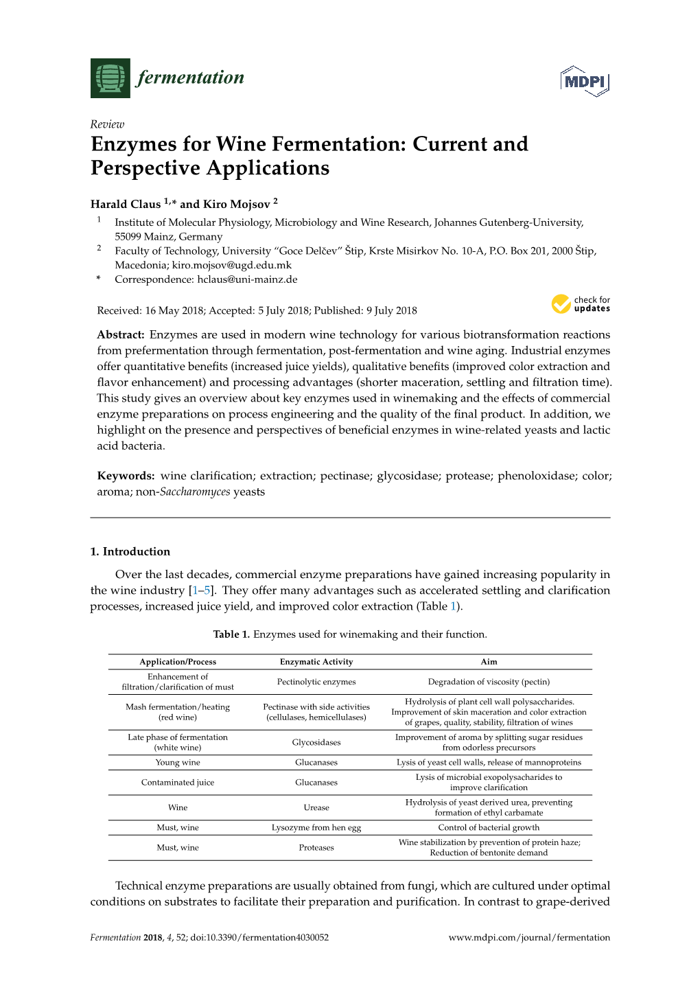 Enzymes for Wine Fermentation: Current and Perspective Applications