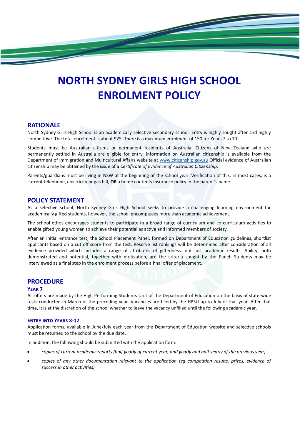 North Sydney Girls High School Enrolment Policy